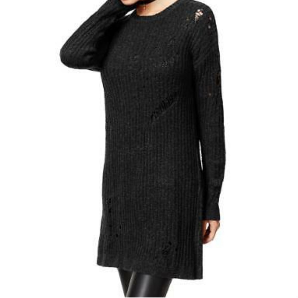 NWT PLANET GOLD Ripped Destructed Black Knit Tunic Sweater Pullover Size M